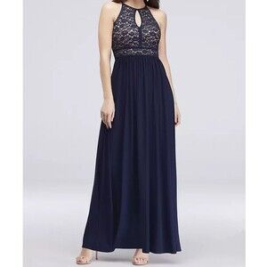 Morgan & Co Lace Keyhole Tie Back Halter Maxi Dress Navy Blue Formal Sequins 4